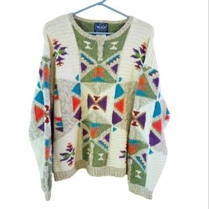 Vintage Woolrich Woman Large Knit Chunky Linen/Cotton Aztec Pastel Sweater
